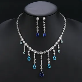 New Droplet Cubic Zirconia Tassel Wedding Necklace Earrings Bridal Jewelry Set Dinner Accessories CN11138