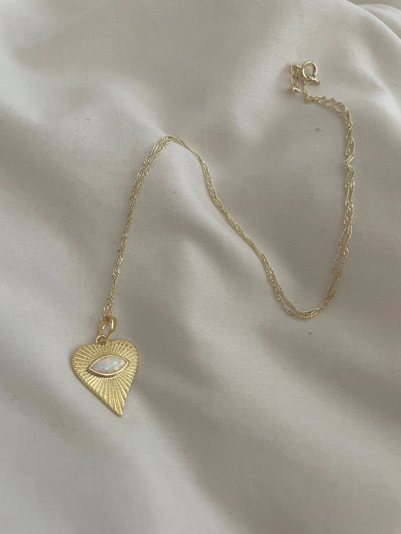 Ocean Heart Opal Necklace .Evil Eye Heart. Gold Filled: White Opal