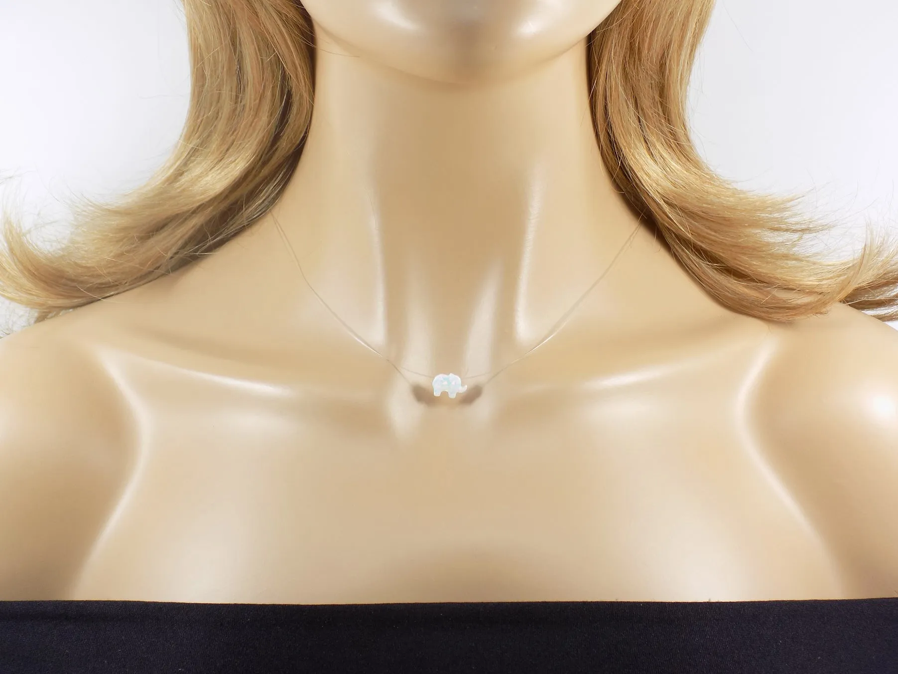 Opal Elephant Necklace Floating Invisible Illusion. Opal Elephant Pendant Charm Fishing Line Choker