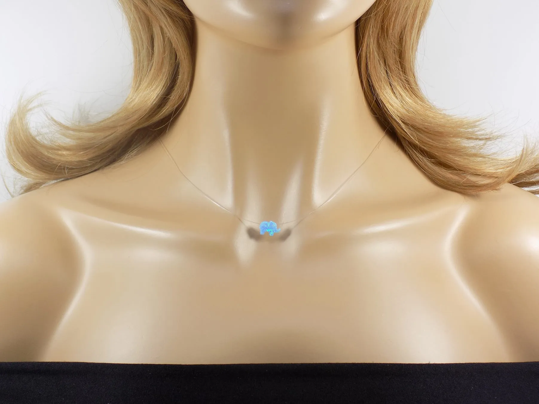 Opal Elephant Necklace Floating Invisible Illusion. Opal Elephant Pendant Charm Fishing Line Choker
