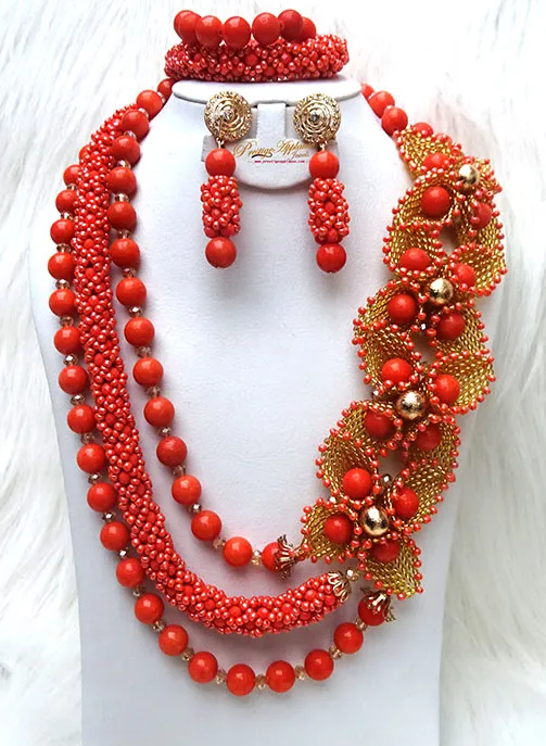 Orange Coral New 2 Designs Party African Bridal Wedding Cocktail Nigerian Beads Jewellery Set