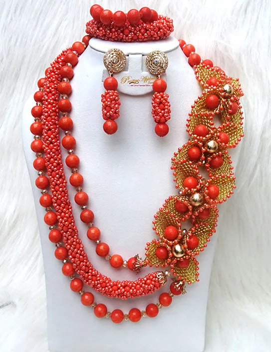 Orange Coral New 2 Designs Party African Bridal Wedding Cocktail Nigerian Beads Jewellery Set