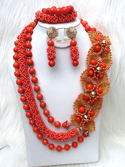 Orange Coral New 2 Designs Party African Bridal Wedding Cocktail Nigerian Beads Jewellery Set