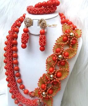 Orange Coral New 2 Designs Party African Bridal Wedding Cocktail Nigerian Beads Jewellery Set