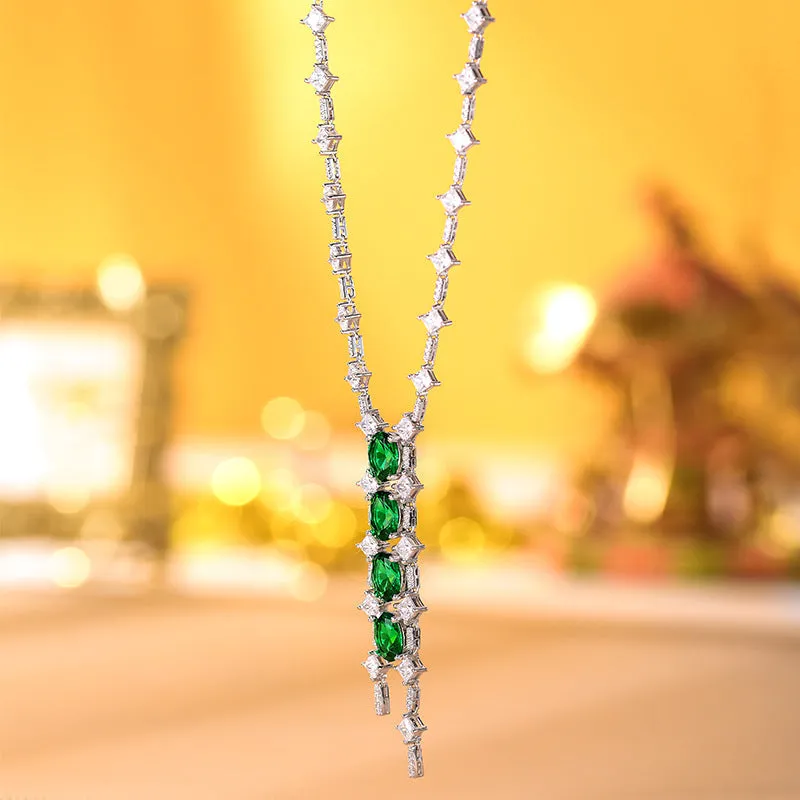 Oval Lab Created Emerald Beading Tassle Silver Necklace