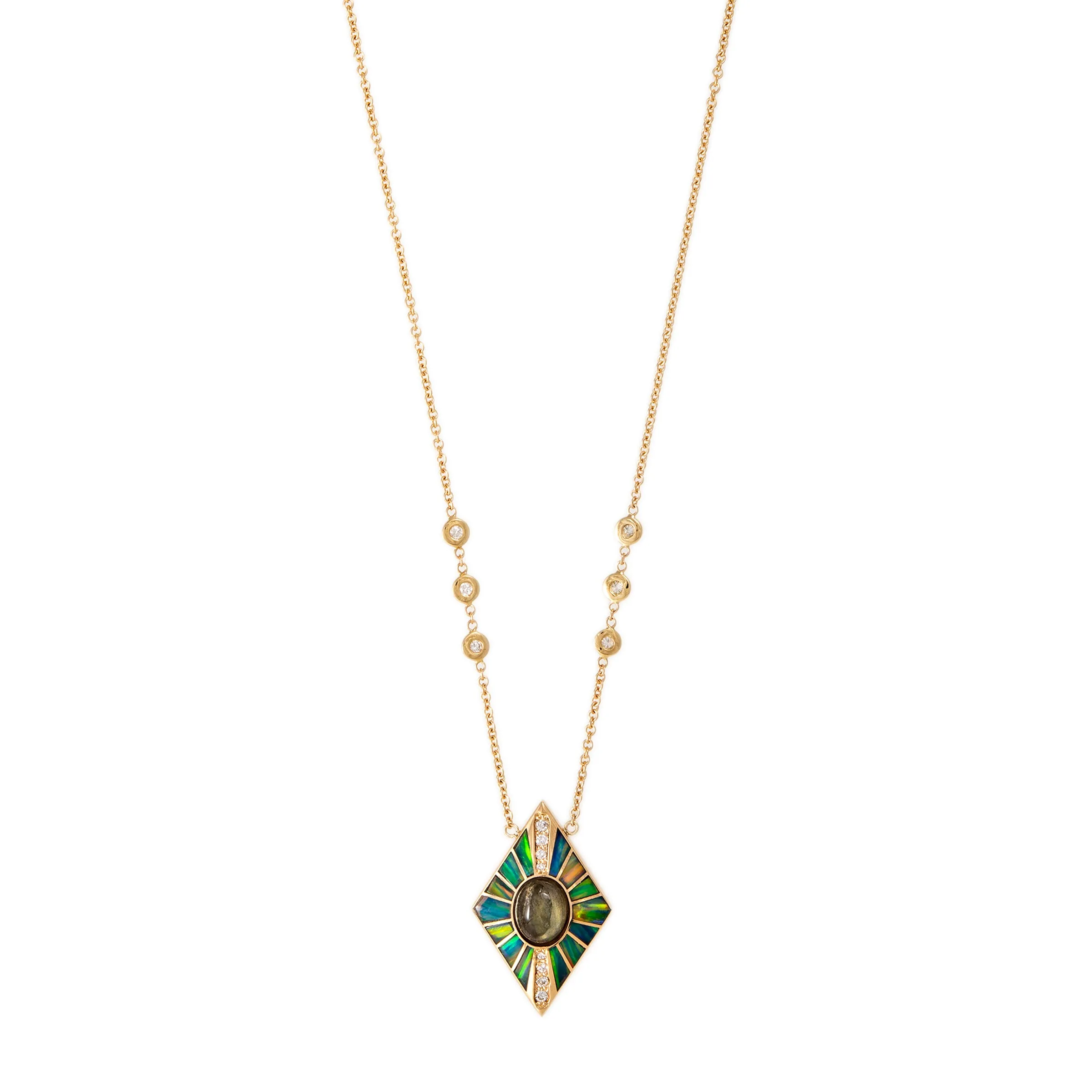 PAVE LABRADORITE   GREEN OPAL INLAY KITE NECKLACE