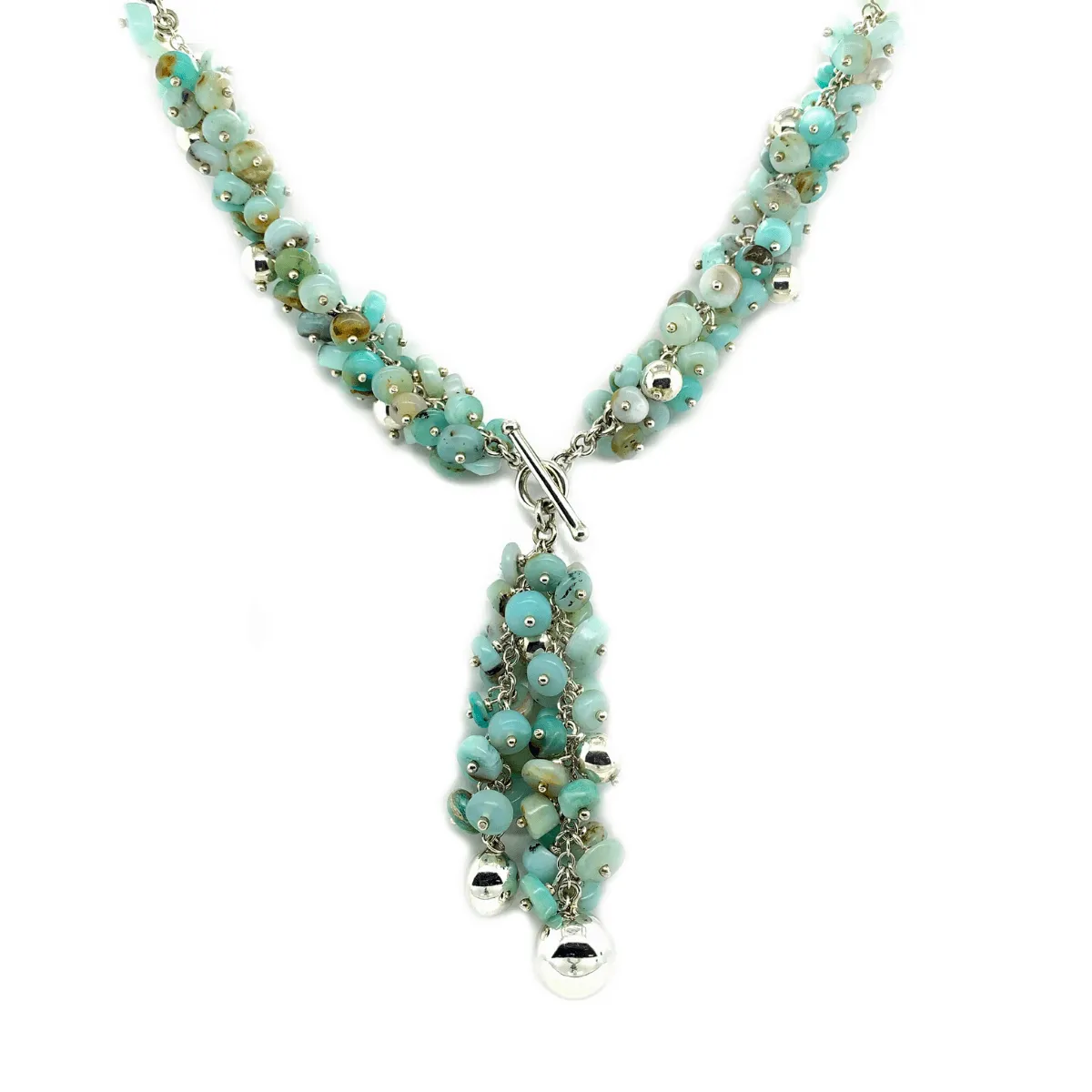 Peruvian Blue Opal Clusters & Sterling Silver Balls Toggle Necklace
