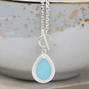 POM Silver Plated Aqua Stone Teardrop T-Bar Necklace