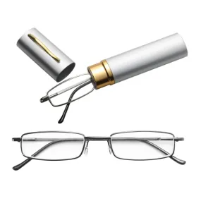 Reading Glasses Metal Spring Foot Portable Presbyopic Glasses with Tube Case  3.50D(Silver Gray)