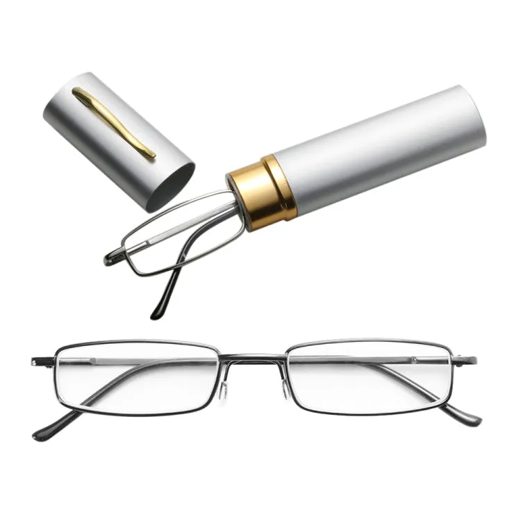 Reading Glasses Metal Spring Foot Portable Presbyopic Glasses with Tube Case  3.50D(Silver Gray)