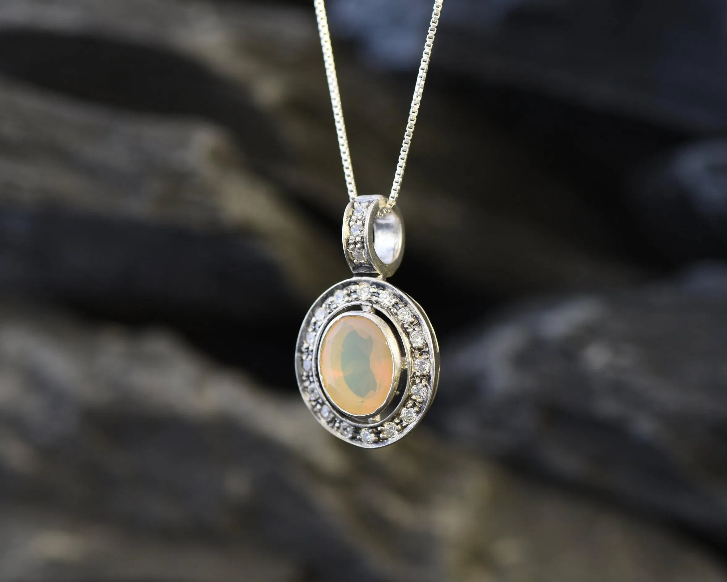 Real Opal Pendant - Vintage Oval Necklace - Fire Opal Necklace