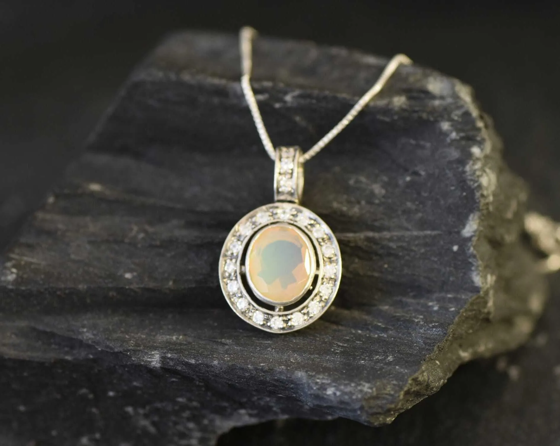Real Opal Pendant - Vintage Oval Necklace - Fire Opal Necklace