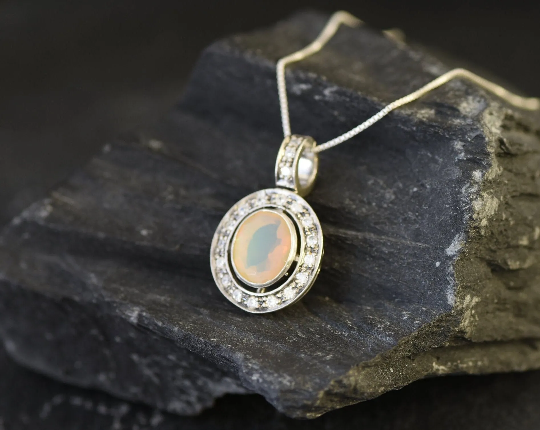 Real Opal Pendant - Vintage Oval Necklace - Fire Opal Necklace