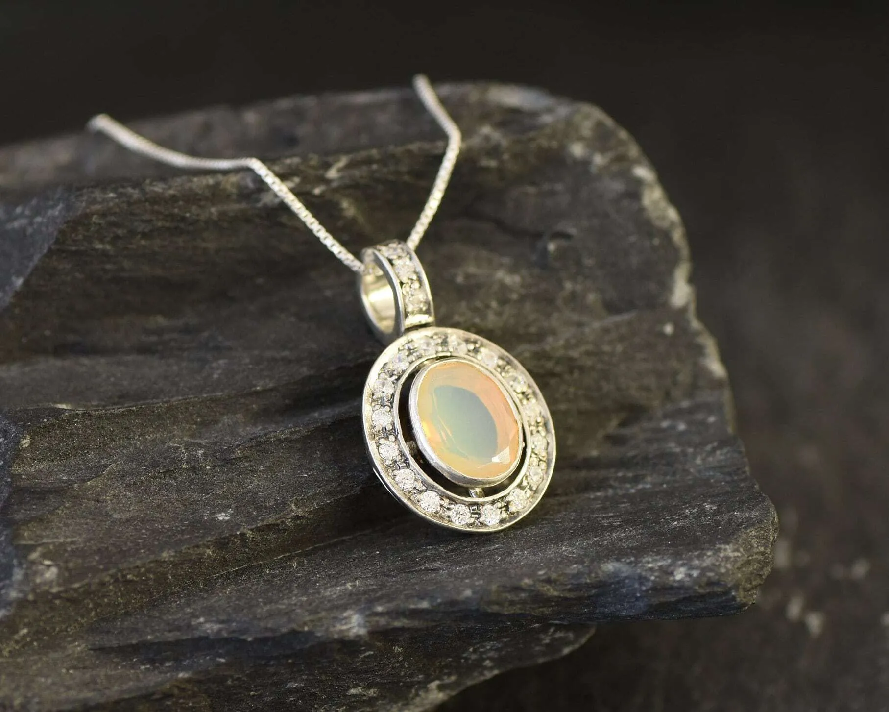Real Opal Pendant - Vintage Oval Necklace - Fire Opal Necklace