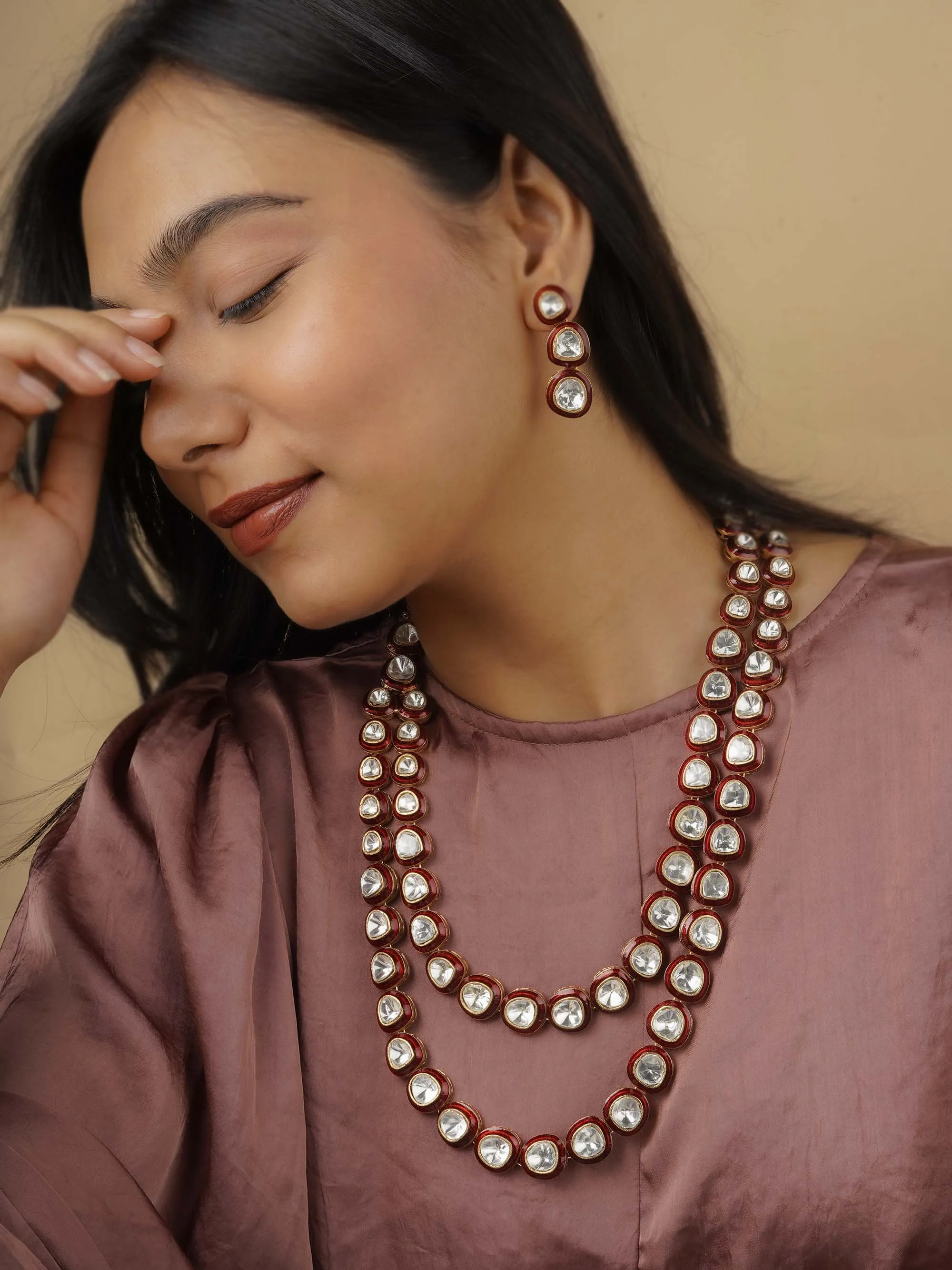 Red Color Gold Plated Contemporary Necklace Set - CC-S16R