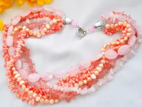 Resort-Style Coral, Pearl &  Quartz Six Strand Statement Necklace 18”