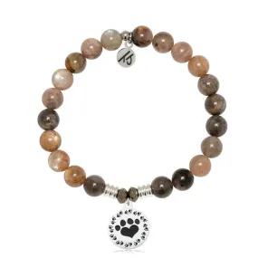 Sand Moonstone Gemstone Bracelet with Paw Print Sterling Silver Charm