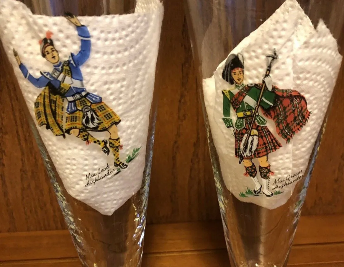 Set of  Vintage Scottish Highlander Clan Tartan Kilt Pilsner Beer Drinking Glasses