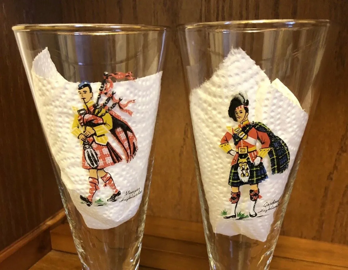 Set of  Vintage Scottish Highlander Clan Tartan Kilt Pilsner Beer Drinking Glasses