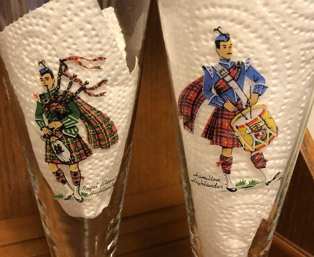 Set of  Vintage Scottish Highlander Clan Tartan Kilt Pilsner Beer Drinking Glasses