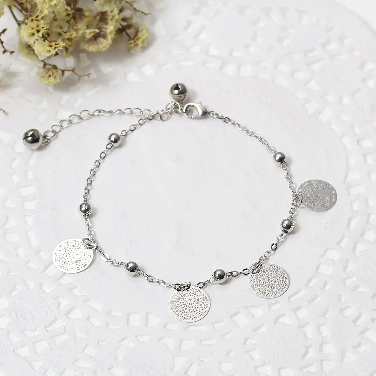 SEXY SPARKLES Filigree Stamping Bell Bracelet Silver Tone Whit Round Hollow Pendants