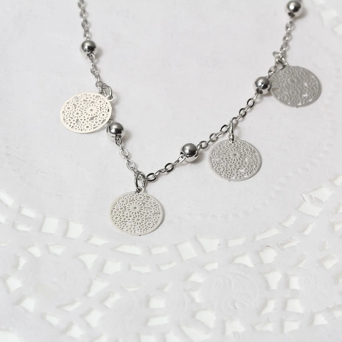 SEXY SPARKLES Filigree Stamping Bell Bracelet Silver Tone Whit Round Hollow Pendants