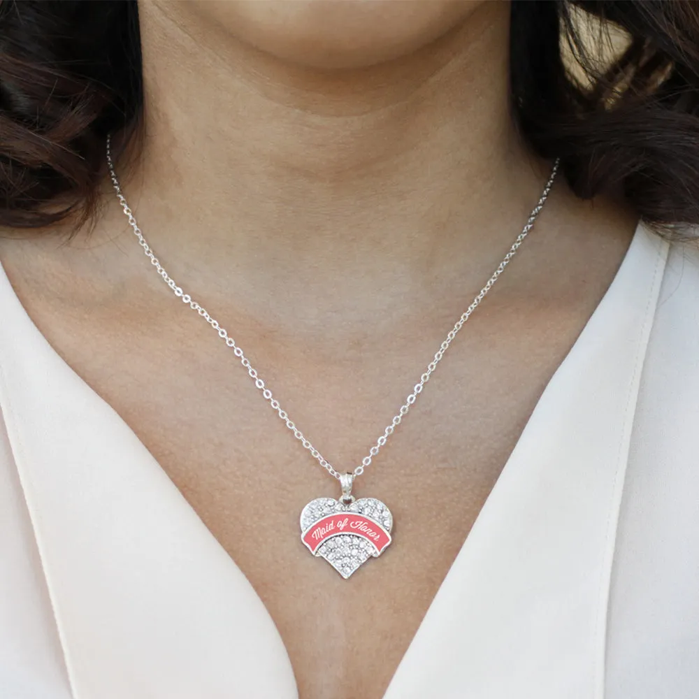 Silver Coral Maid of Honor Pave Heart Charm Classic Necklace