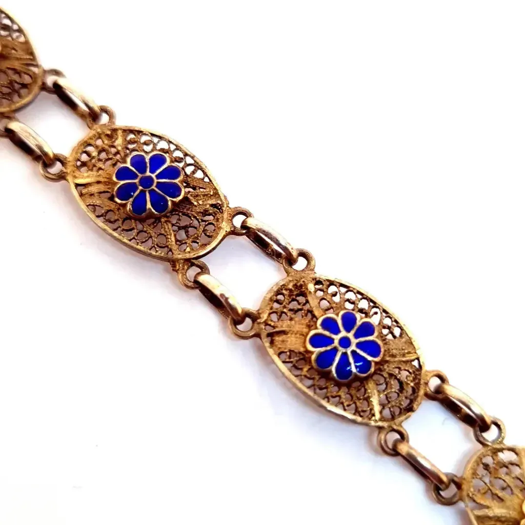 Silver filigree bracelet, floral bracelet. Blue enamel. circa 1950.