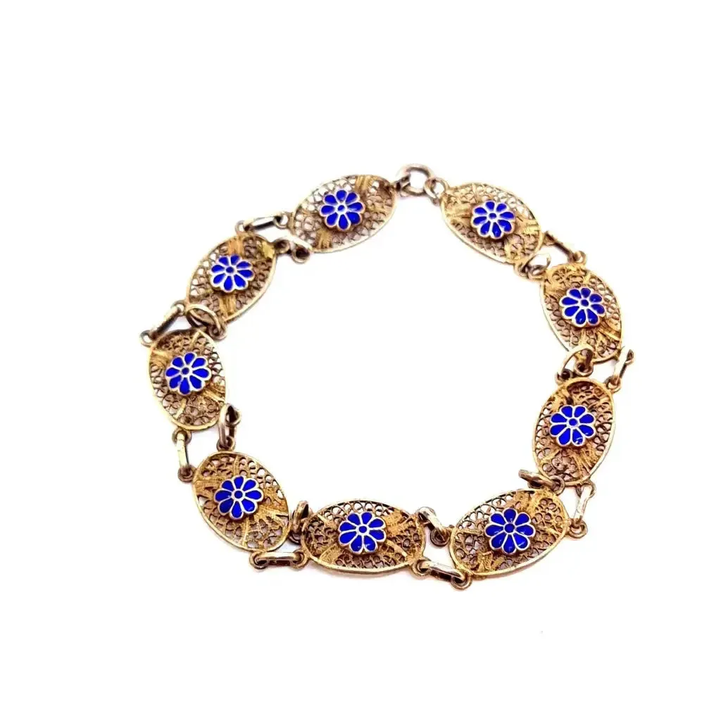 Silver filigree bracelet, floral bracelet. Blue enamel. circa 1950.