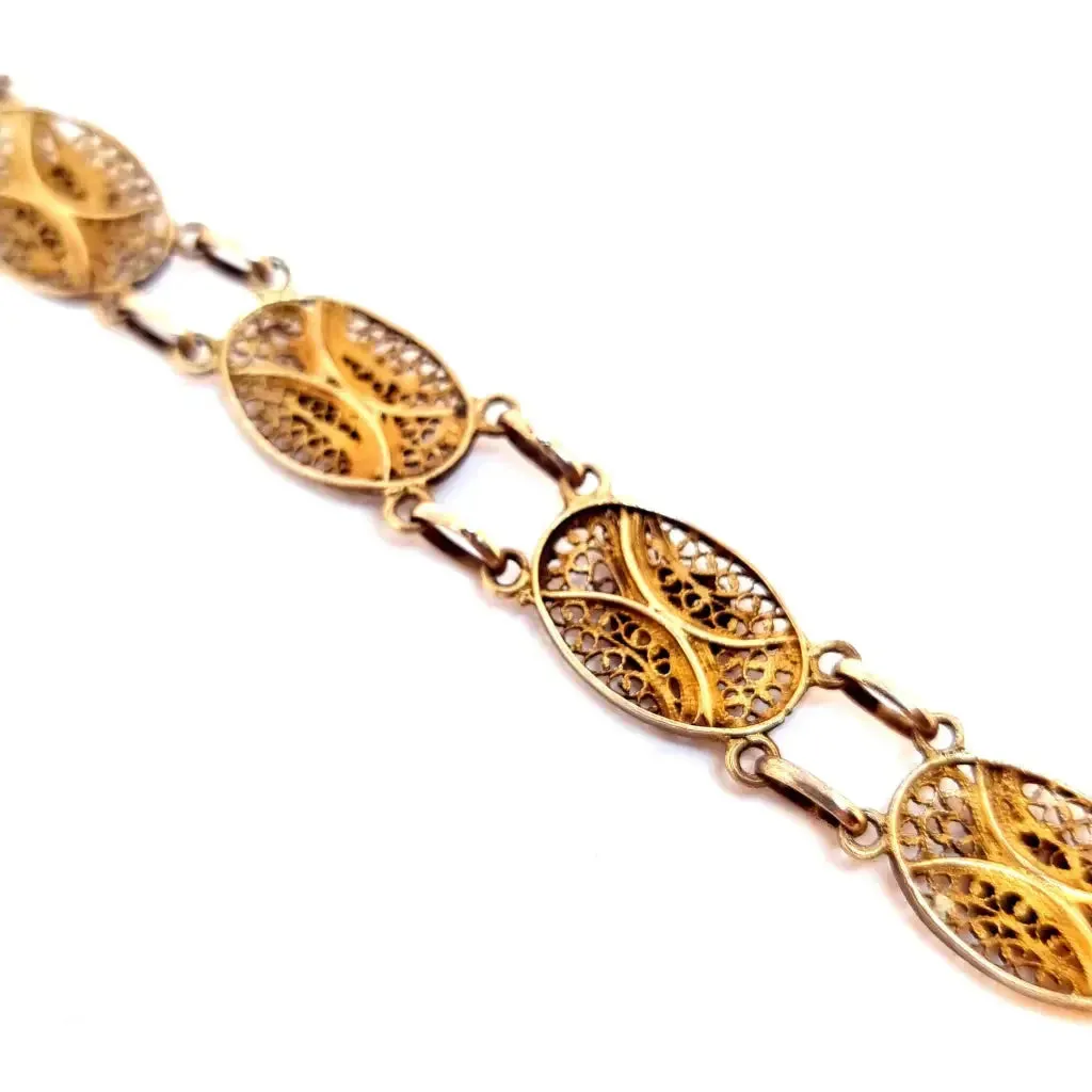 Silver filigree bracelet, floral bracelet. Blue enamel. circa 1950.