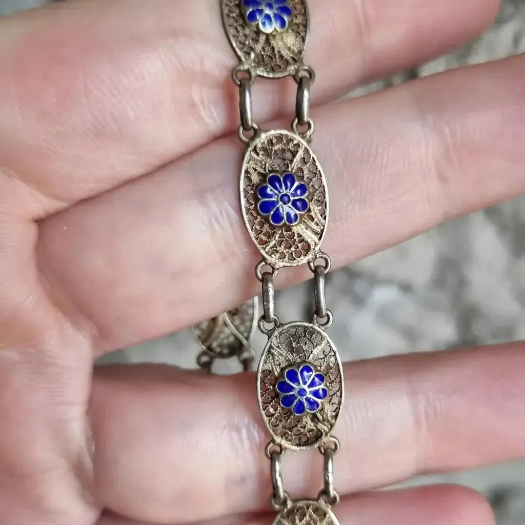 Silver filigree bracelet, floral bracelet. Blue enamel. circa 1950.