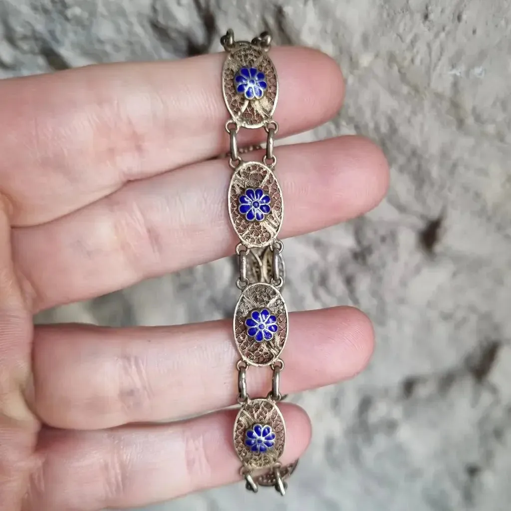 Silver filigree bracelet, floral bracelet. Blue enamel. circa 1950.