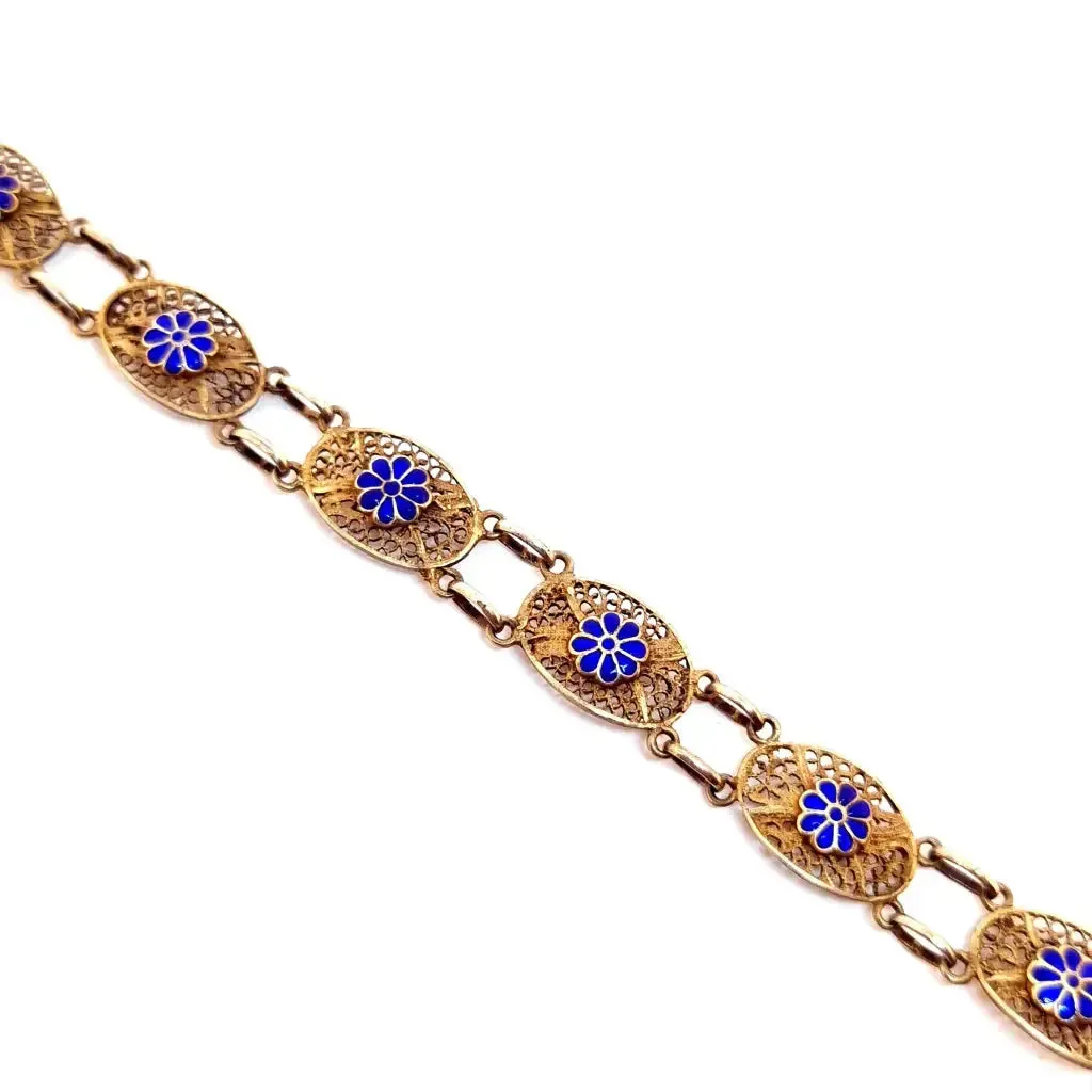 Silver filigree bracelet, floral bracelet. Blue enamel. circa 1950.