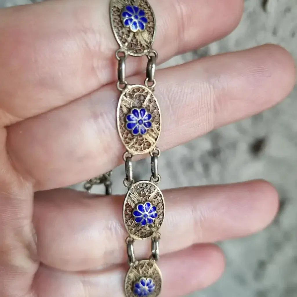 Silver filigree bracelet, floral bracelet. Blue enamel. circa 1950.