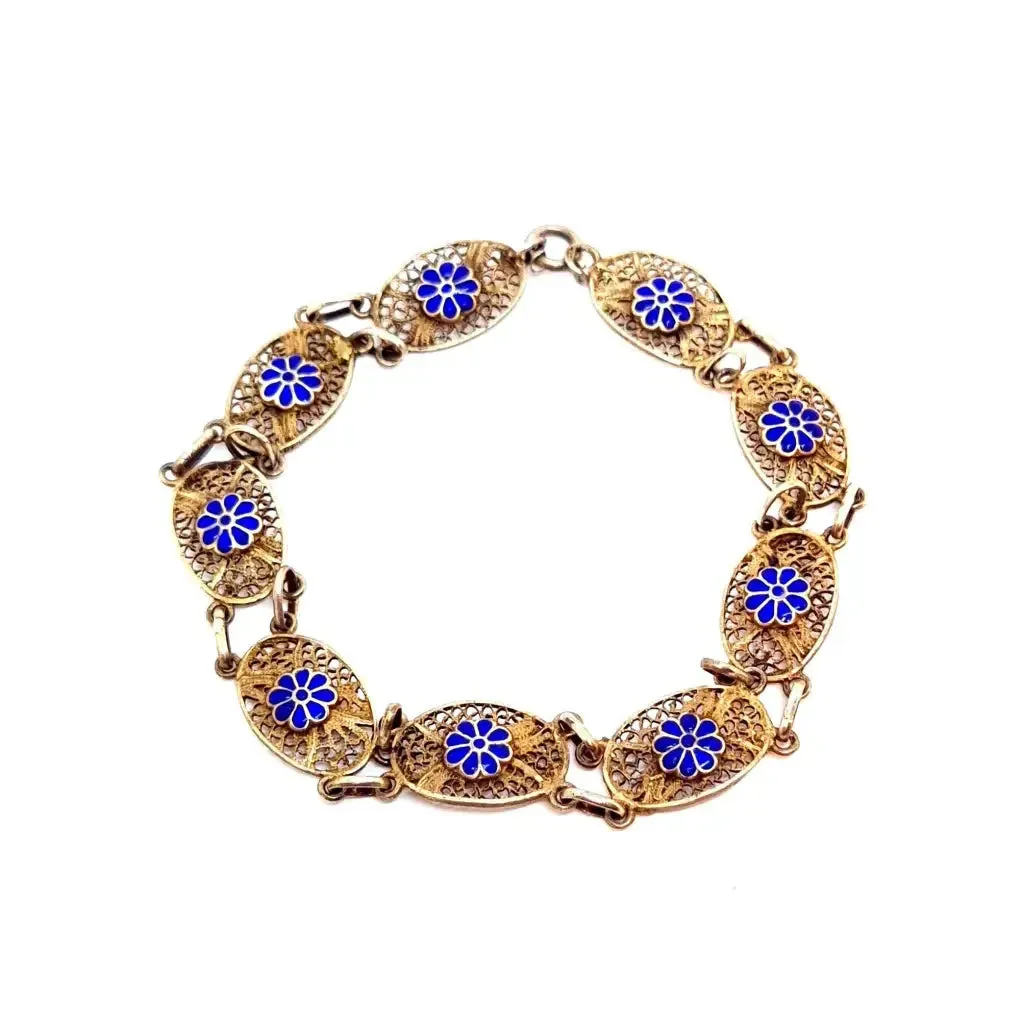 Silver filigree bracelet, floral bracelet. Blue enamel. circa 1950.