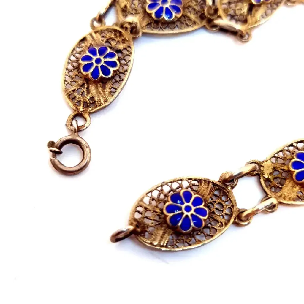 Silver filigree bracelet, floral bracelet. Blue enamel. circa 1950.