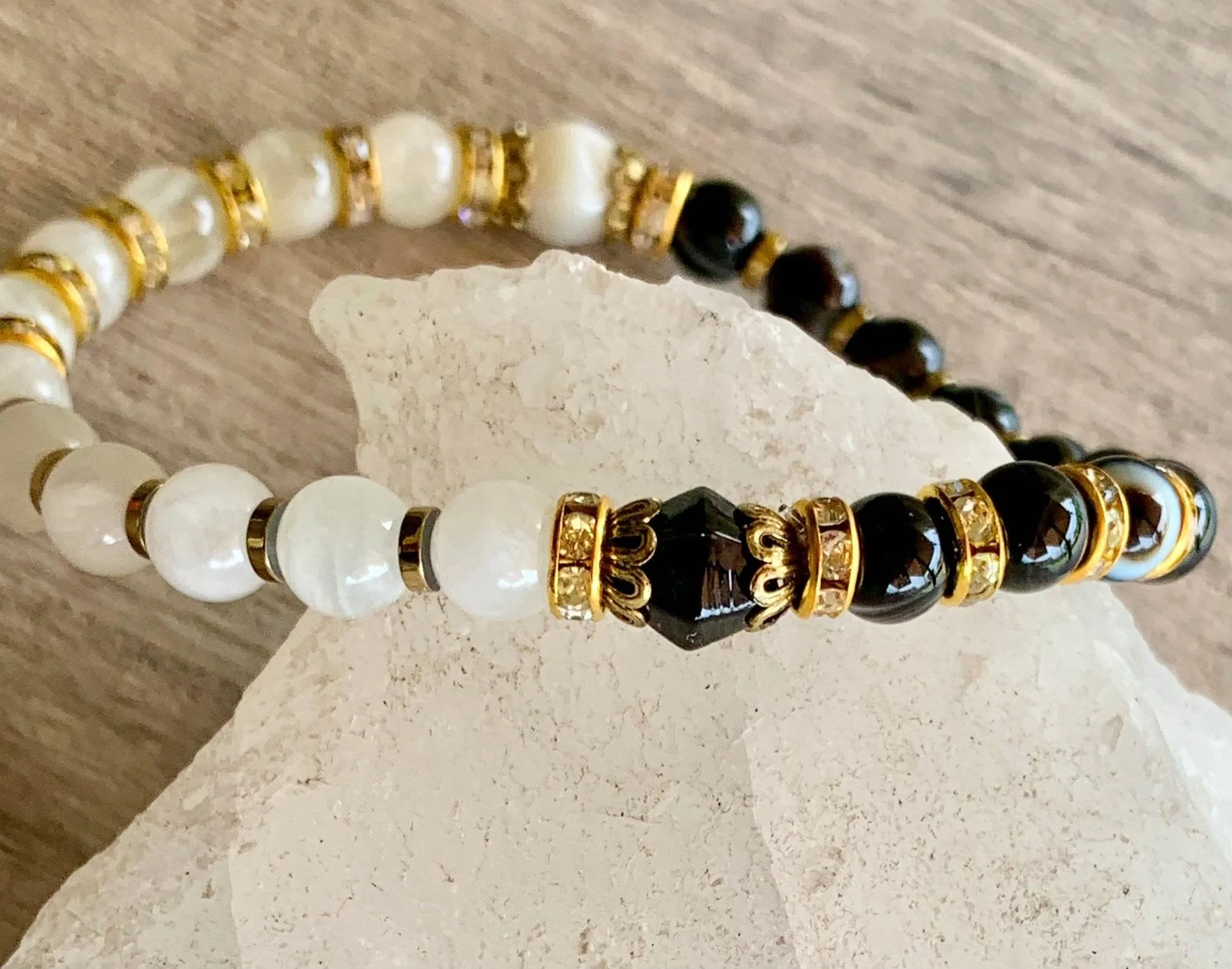🔴SOLD🔴 Portia Handmade Moonstone, Striped Black Agate, and Gold Plated Hematite Expandable Bracelet/ Anklet