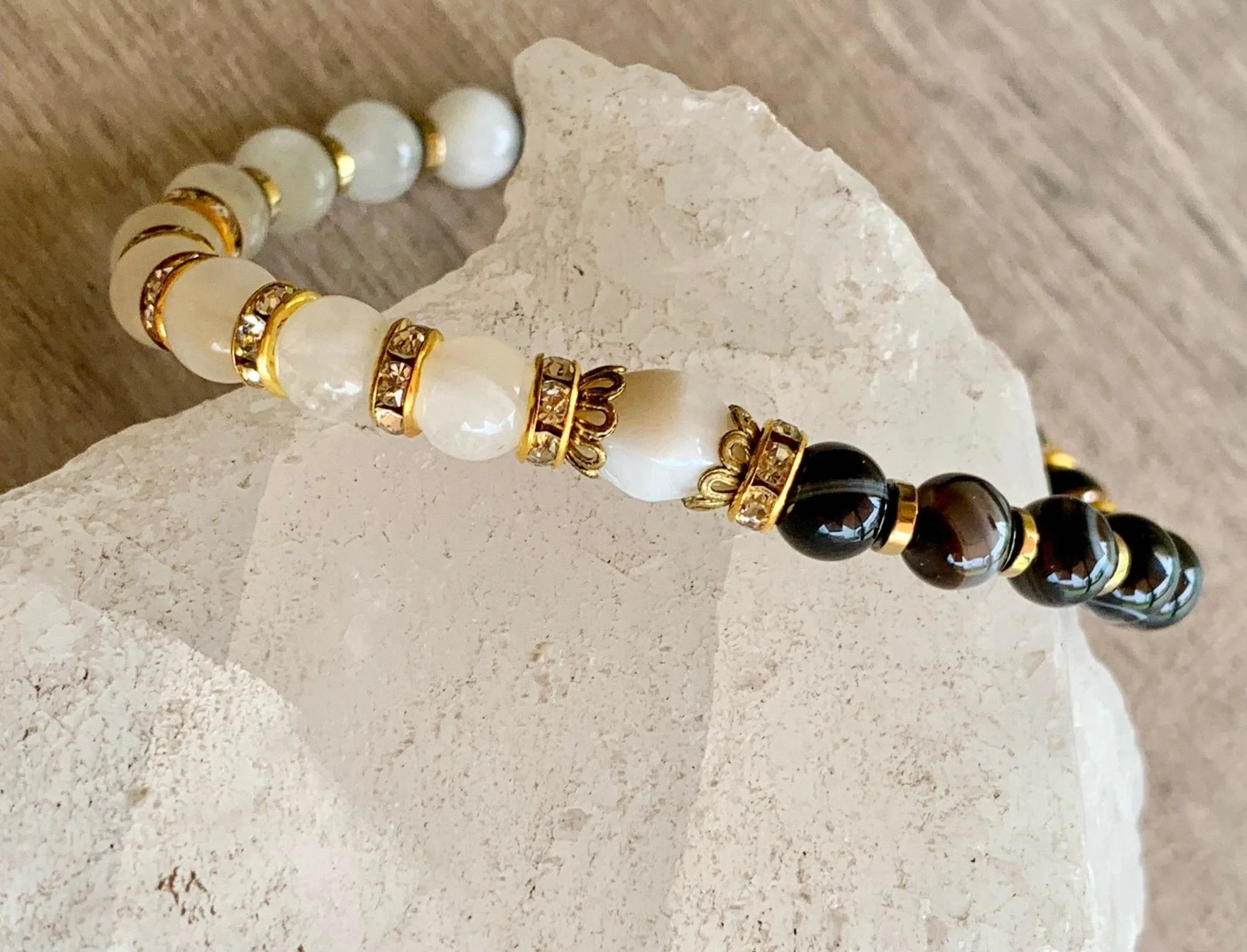 🔴SOLD🔴 Portia Handmade Moonstone, Striped Black Agate, and Gold Plated Hematite Expandable Bracelet/ Anklet