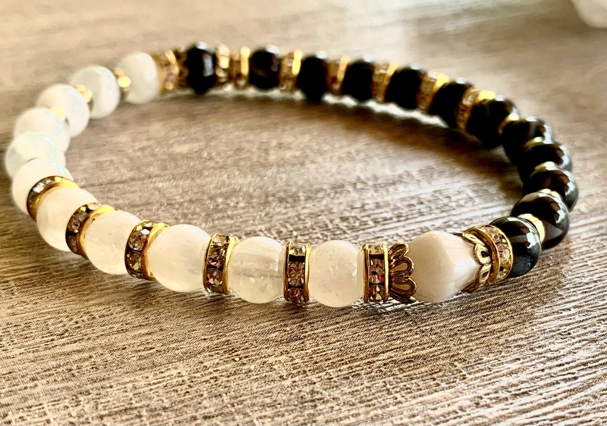 🔴SOLD🔴 Portia Handmade Moonstone, Striped Black Agate, and Gold Plated Hematite Expandable Bracelet/ Anklet