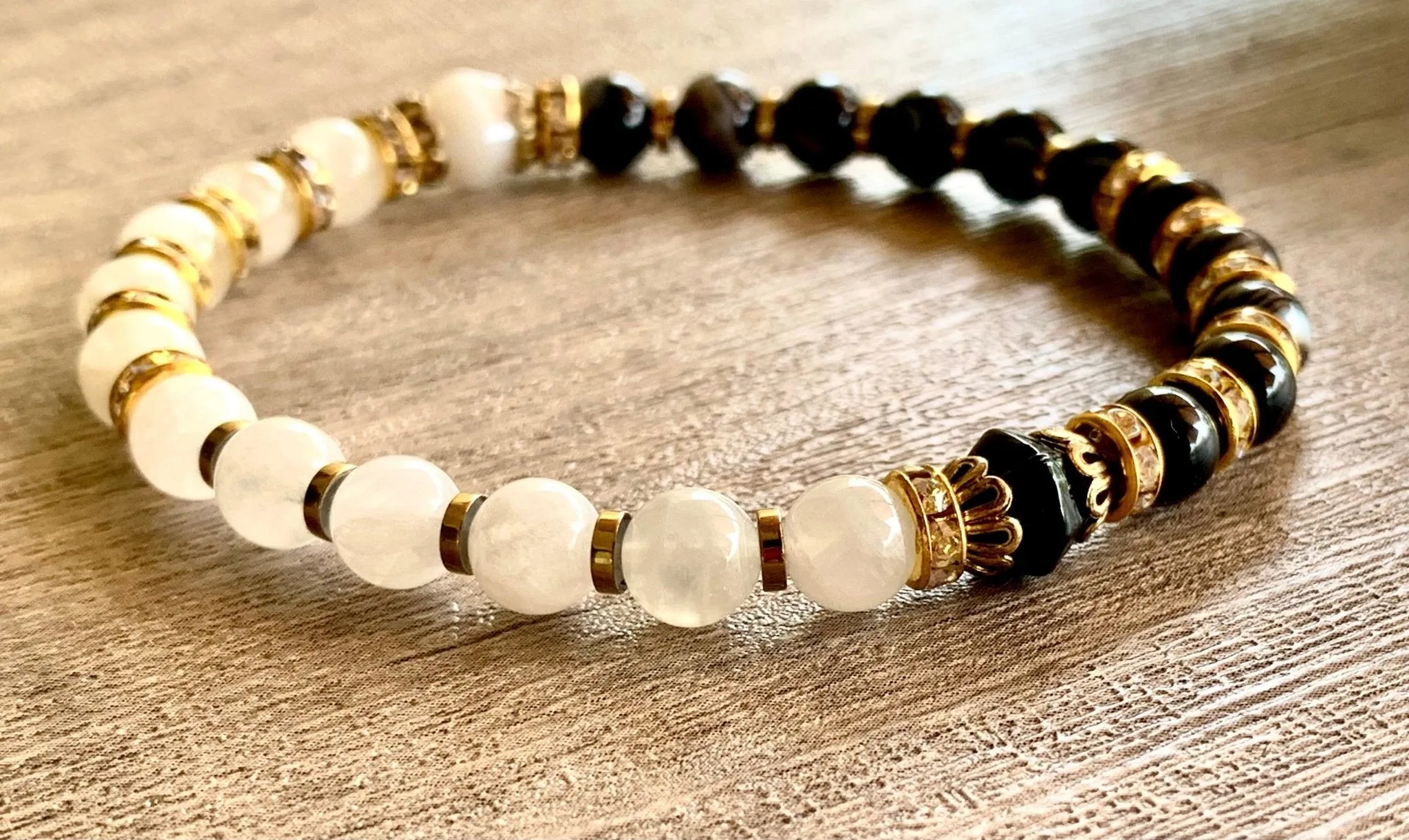 🔴SOLD🔴 Portia Handmade Moonstone, Striped Black Agate, and Gold Plated Hematite Expandable Bracelet/ Anklet