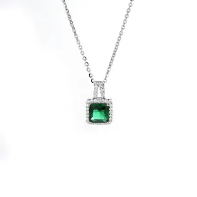 Soleste Halo Square Emerald Green Zircon Silver Necklace