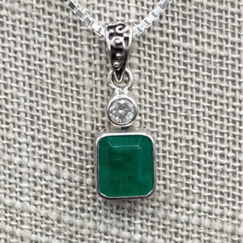 Sterling Silver Box Chain Emerald Pendant With Diamond Necklace