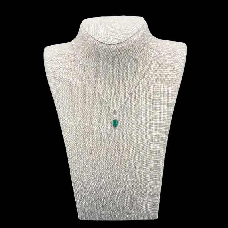 Sterling Silver Box Chain Emerald Pendant With Diamond Necklace