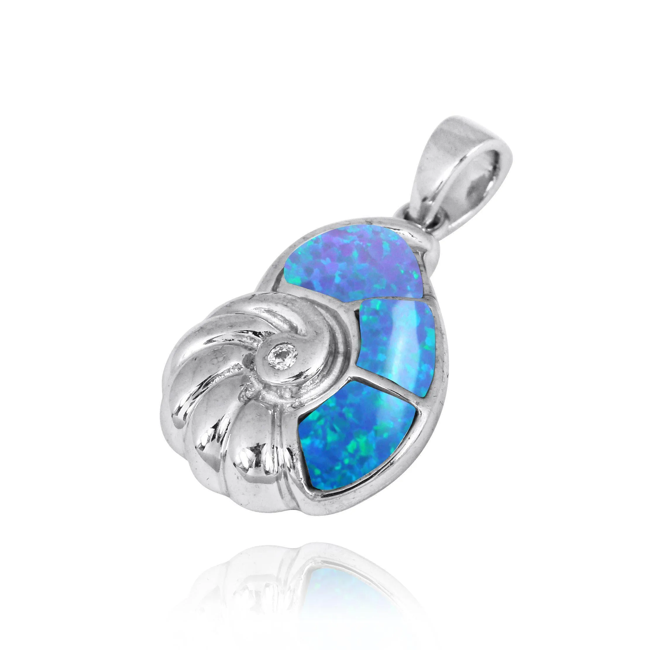 Sterling Silver Seashell Pendant Necklace with Blue Opal and White CZ