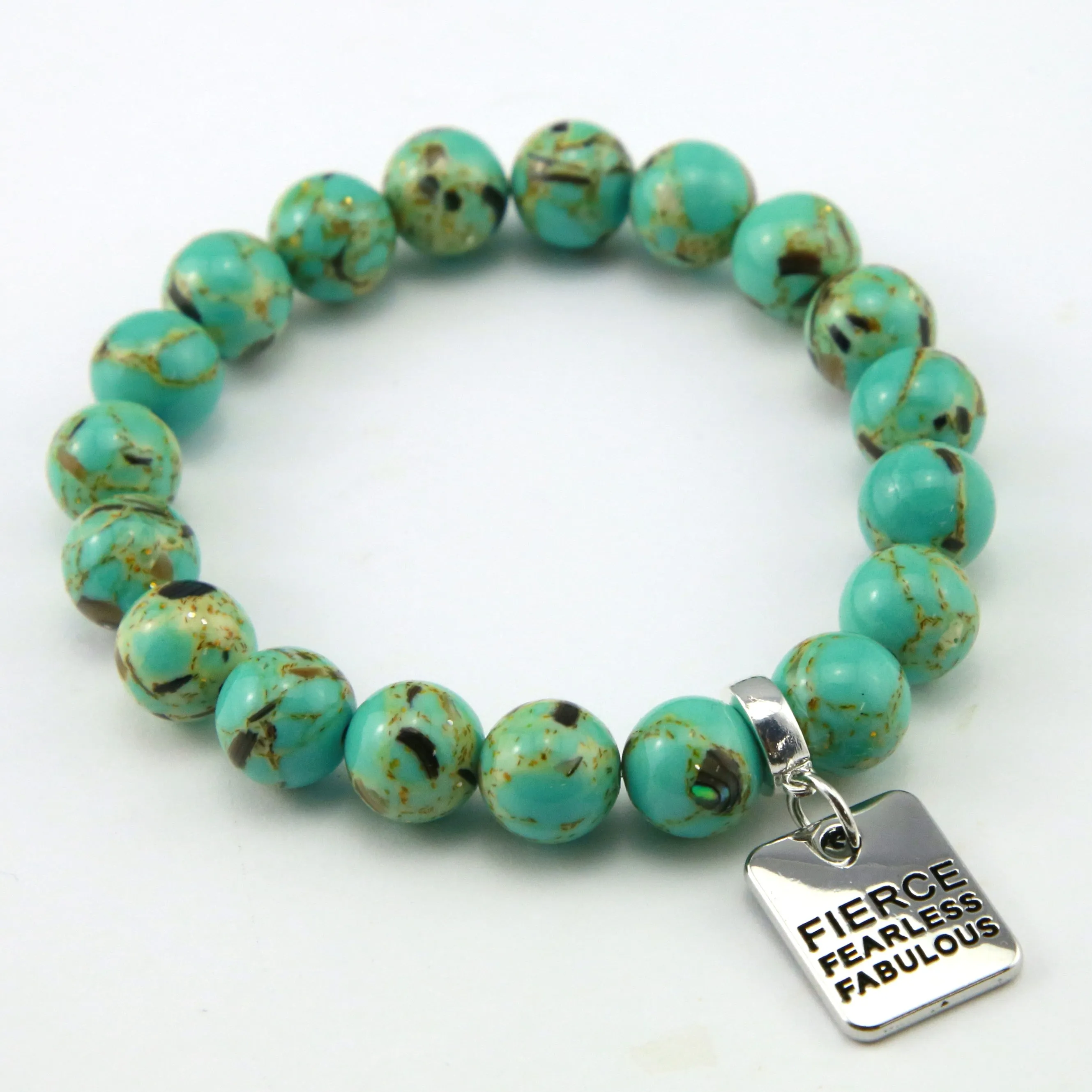 TEAL COLLECTION - Light Teal Synthesis 10mm Bead Bracelet - Silver Word Charms