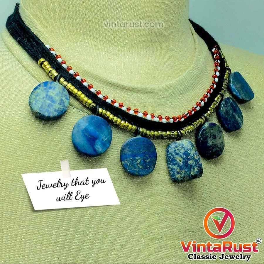 Tribal Choker Necklace With Dangling Lapis Lazuli Stones