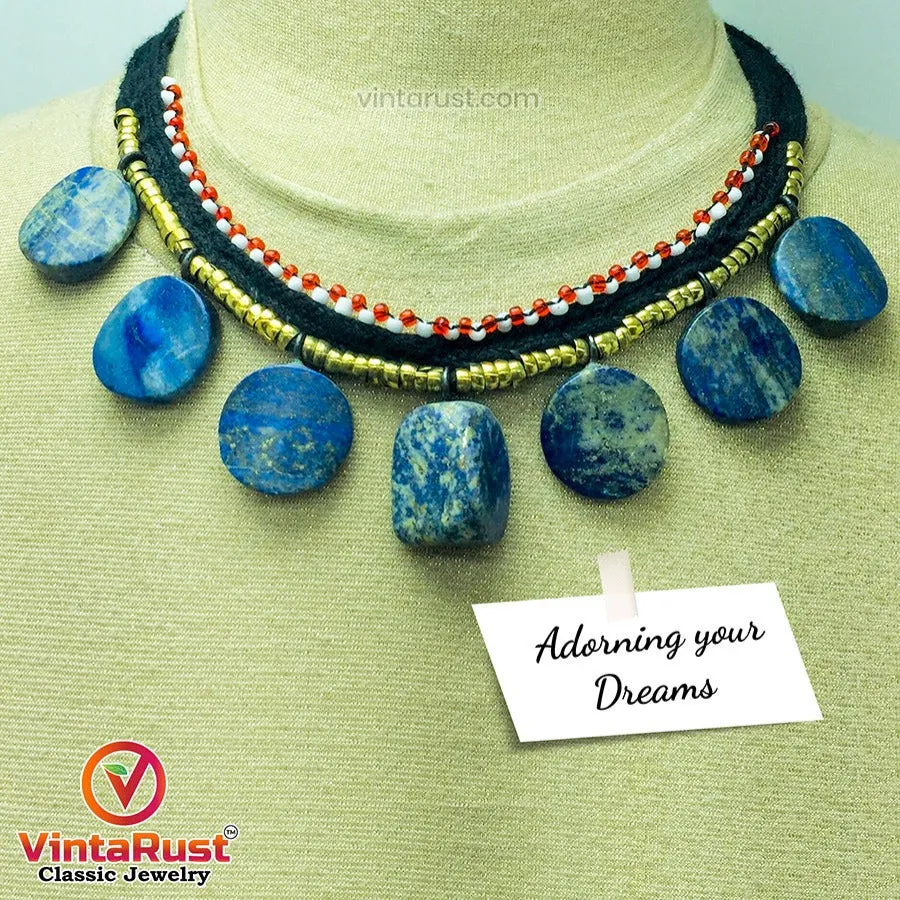 Tribal Choker Necklace With Dangling Lapis Lazuli Stones