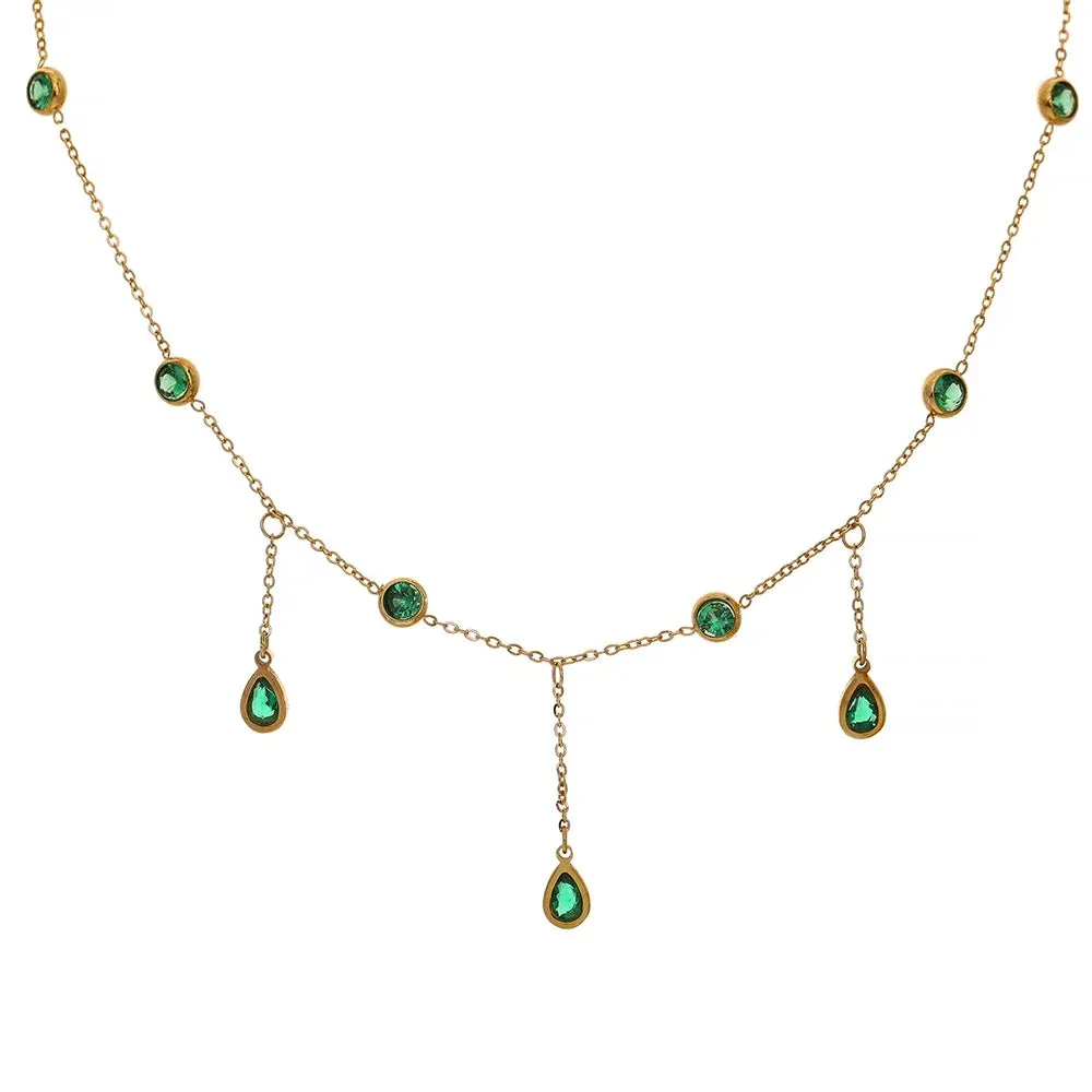 VAIGE Radiant Emerald Green & Gold Zirconia Dangle Necklace in Stainless Steel