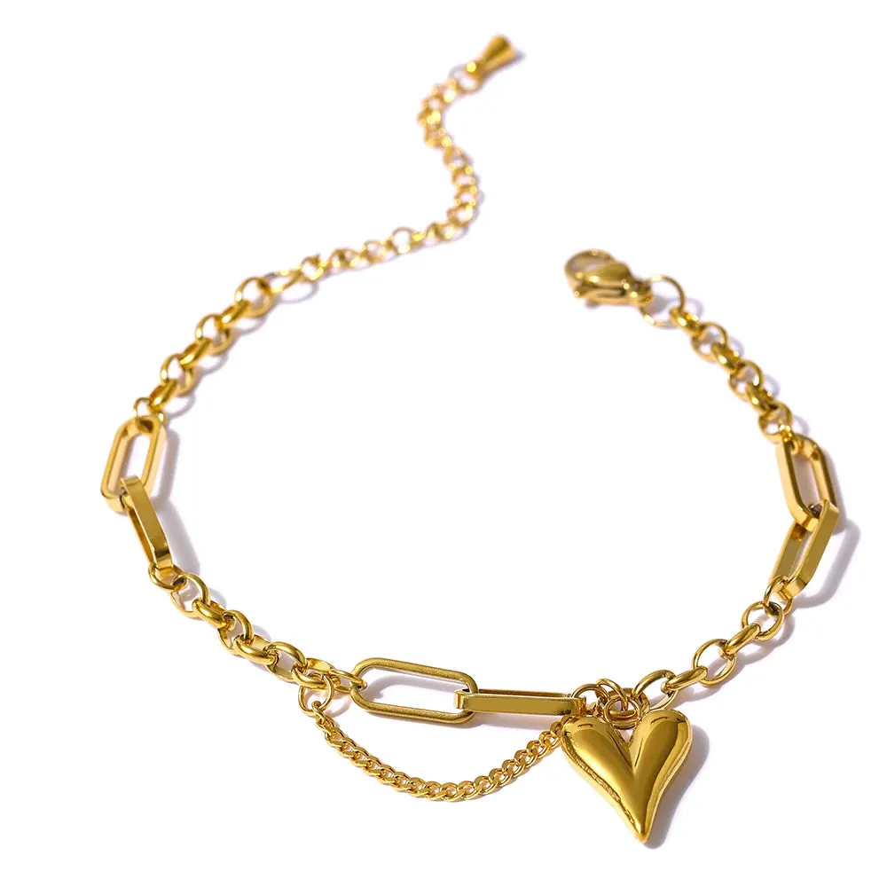 VAIGE Trendy Double Layered Heart Charm Bracelet - Real Gold Plated Stainless Steel with Lobster Claw Clasp - Stylish Jewelry for Summer Gifts