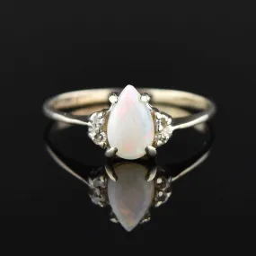 Vintage 14K White Gold Diamond Pear Cut Opal Ring